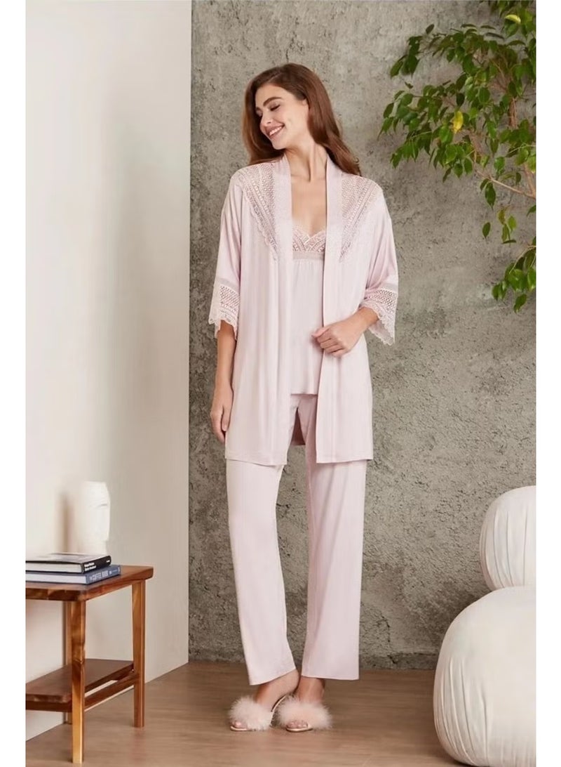 pierre cardin 2820 Women's Combed Cotton Lace Pajama Set with Dressing Gown - Powder - Image 5